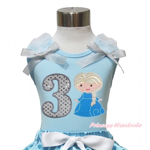 Light Blue Tank Top With White Ruffles & Sparkle Silver Grey Bow With Princess Elsa & 3rd Sparkle White Birthday Number Print TM271